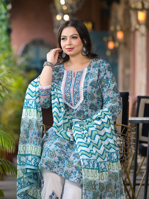 Women Plus Size Green Pure Cotton Kurta Set With Dupatta